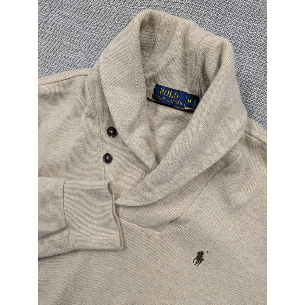 Polo Ralph Lauren Sweater Mens Medium Beige Shawl Collar Elbow Patch Pony Logo